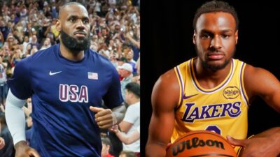 LeBron James in Team USA uniform and Bronny James posing in Lakers uniform