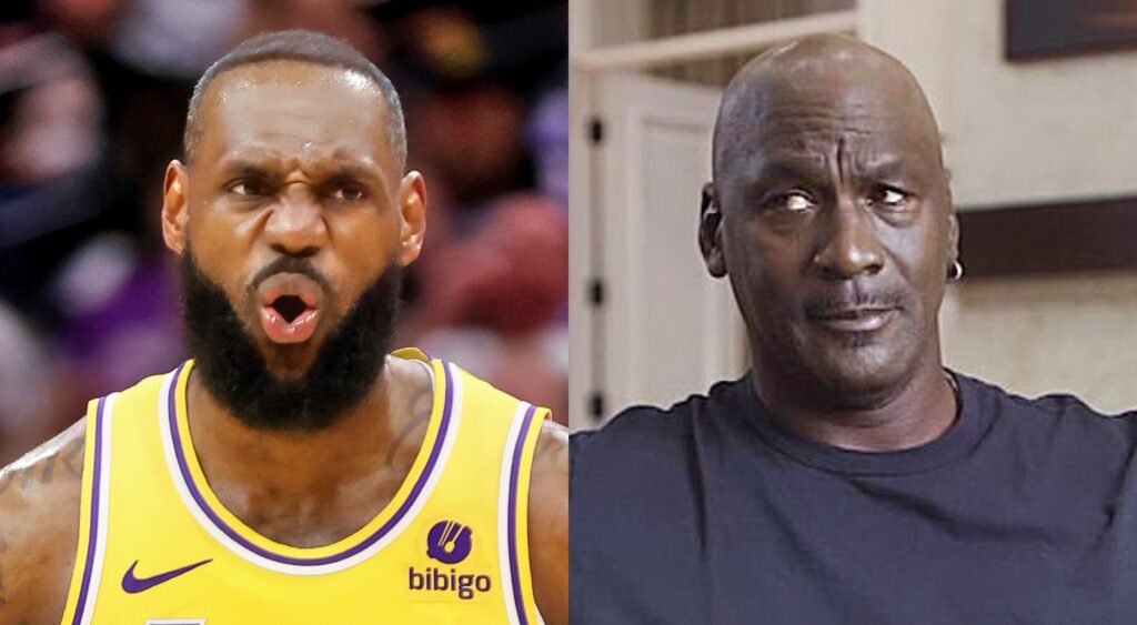 LeBron James making a face and michael Jordan giving side-eye.