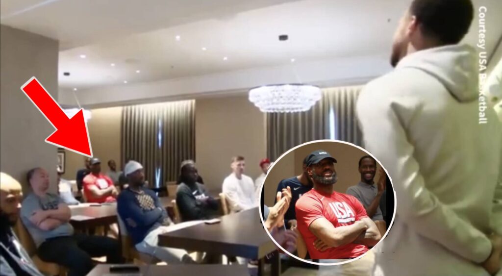 LeBron James sits in a room with his Team USA teammates.