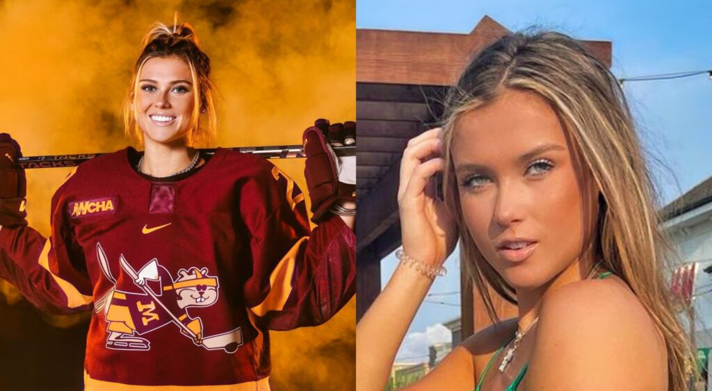 Madison Kaiser of the Minnesota Golden Gophers poses with her equipment on and poses outdoors with her hand brushing her hair.