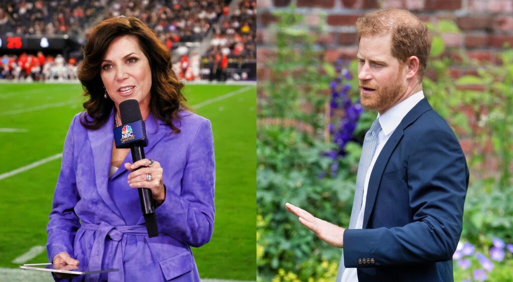 Michele Tafoya reporting and Prince Harry with his hand up.