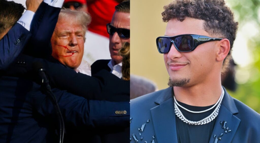 Patrick Mahomes in sunglasses and Donald Trump pumping his fist with blood on his face