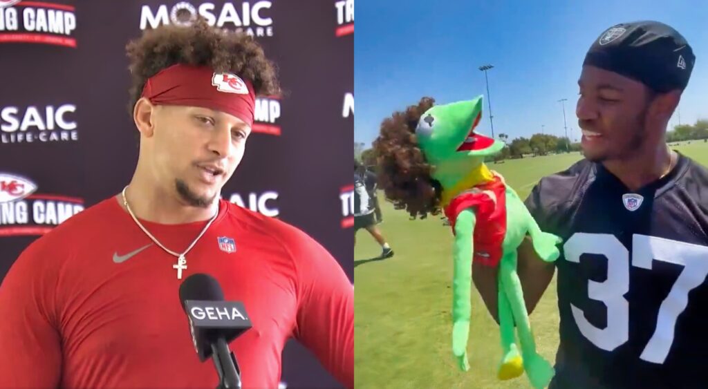 Patrick Mahomes speaks at a press conference and Raiders player plays with a Kermit the Frog puppet.