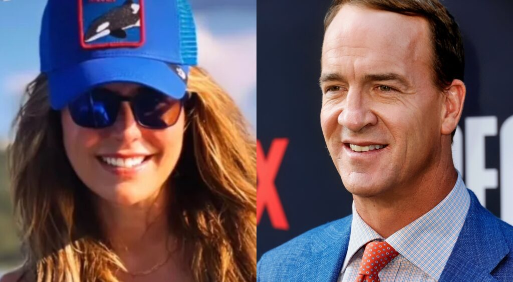 Ashley Manning on a boat and Peyton Manning smiling on the red carpet.