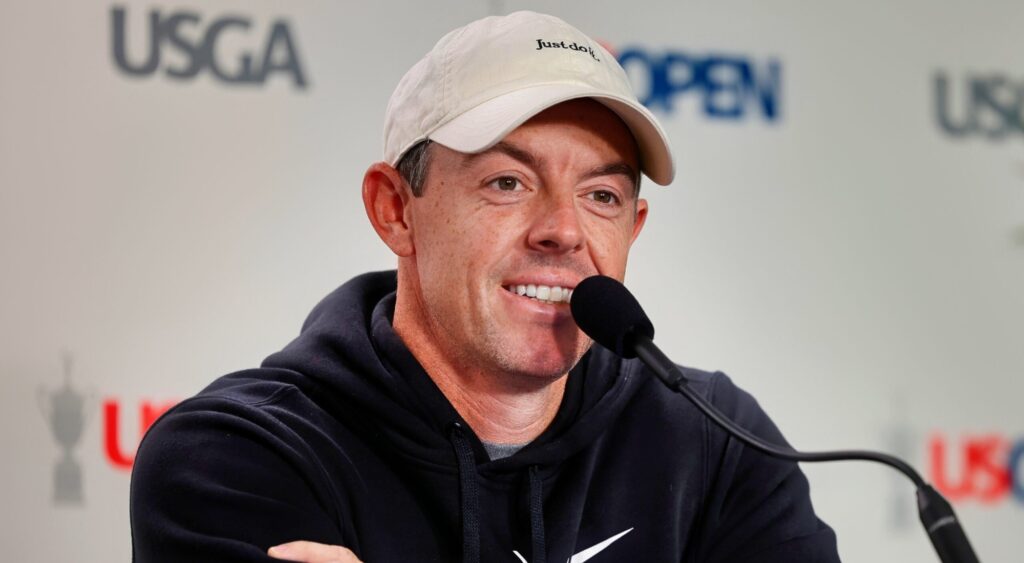 Rory McIlroy speaking to reporters