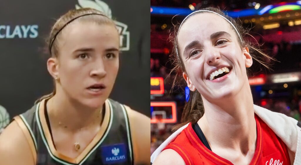 Sabrina Ionescu at a press conference and Caitlin Clark after a game.