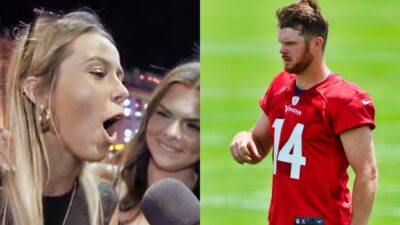 Sam Darnold on practice field and Hawk Tuah girl during interview