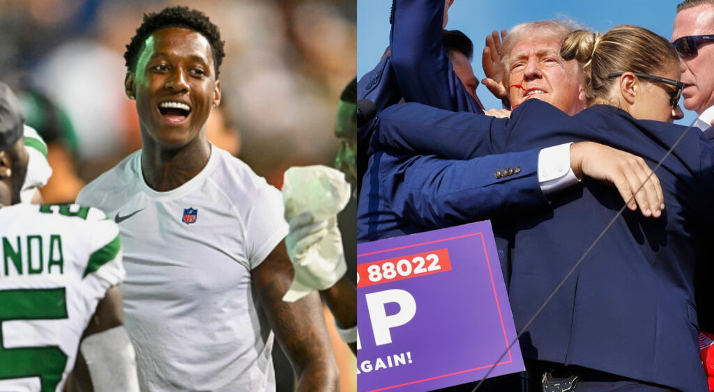 Photo of Sauce Gardner laughing and photo of Donald Trump surrounded by Secret Service agents