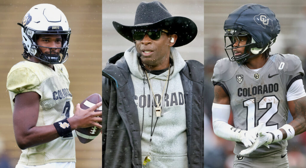 Photos of Shedeur Sanders, Deion Sanders, and Travis Hunter