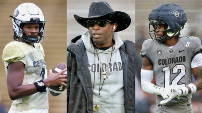 Photos of Shedeur Sanders, Deion Sanders, and Travis Hunter