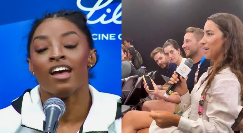 Simone Biles speaking at a press conference and Aly Raisman asking a question as a reporter at a press conference.