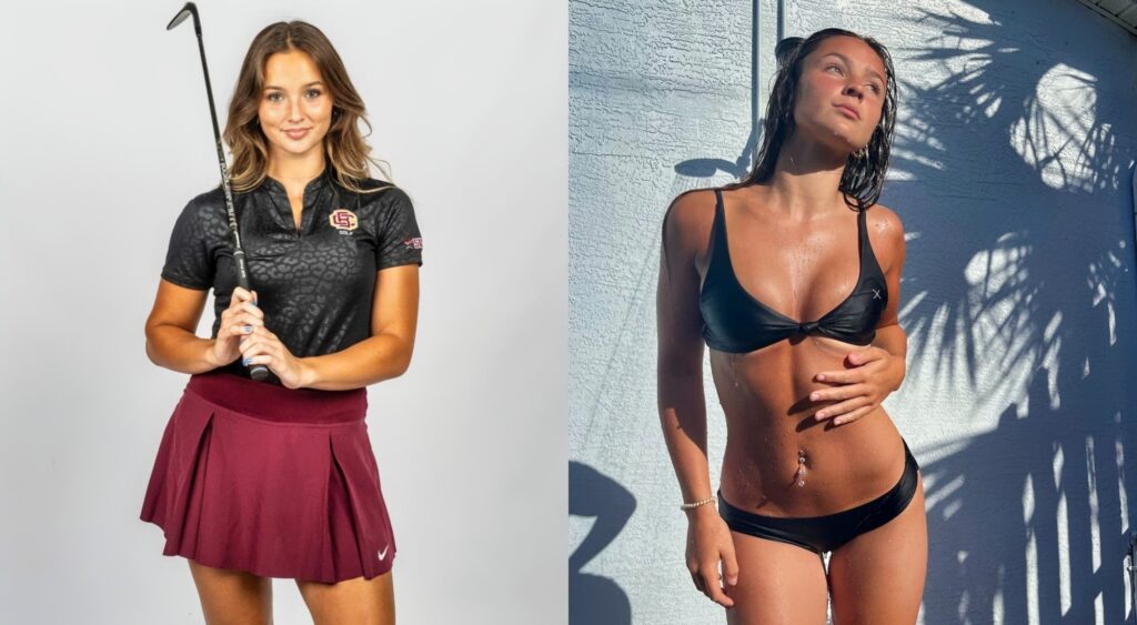 Skylar Kew posing in golf gear and black bikini.