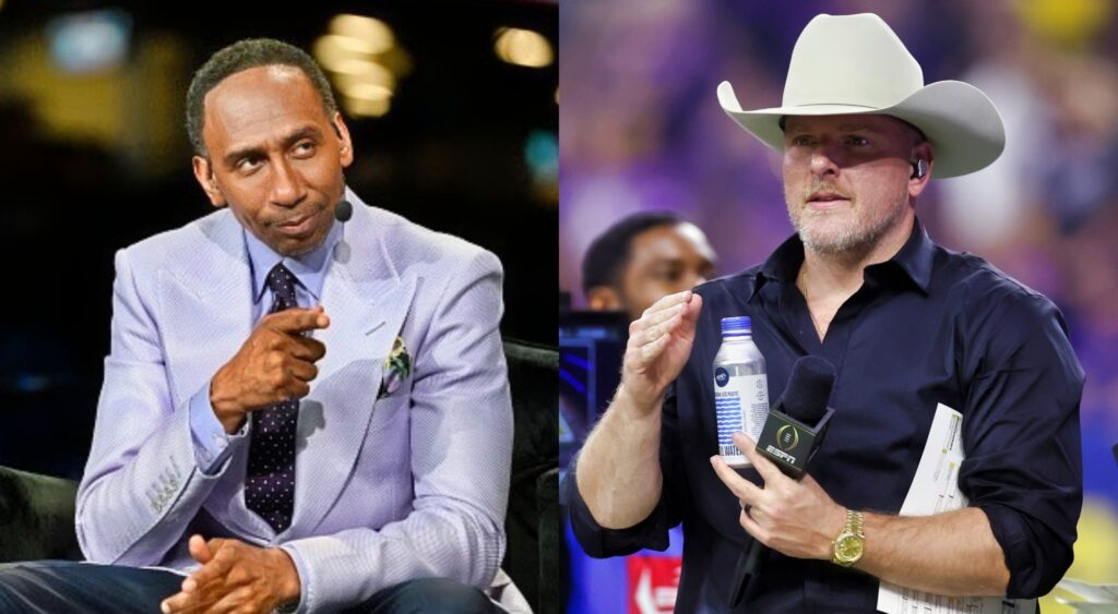 Stephen A. Smith points and Pat McAfee looks on in a Cowboys hat.