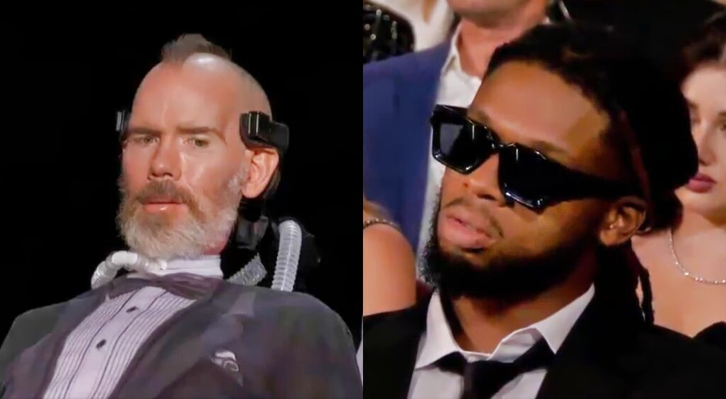 Steve Gleason giving a speech at the ESPYS and Damar Hamlin watching from the crowd.