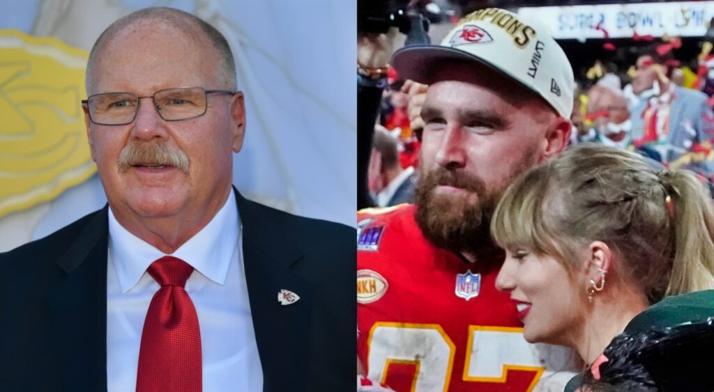 Taylor Swift and Travis Kelce hugging and Andy Reid posing in suit