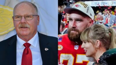 Taylor Swift and Travis Kelce hugging and Andy Reid posing in suit