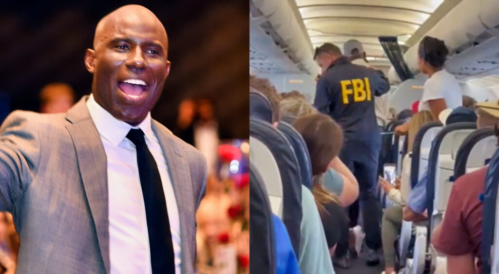 Photo of Terrell Davis speakign and photo of FBI agent leading Terrell Davis away