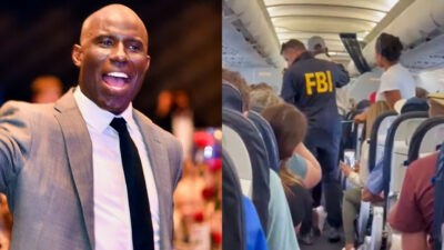 Photo of Terrell Davis speakign and photo of FBI agent leading Terrell Davis away