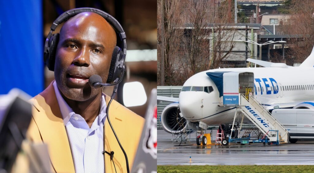 Terrell Davis on a radio show and a United Airlines plane on the tarmac.