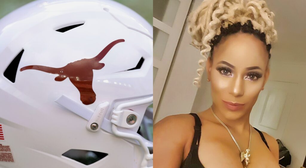 University of Texas Longhorns helmet and Danielle Thomas posing for the camera.