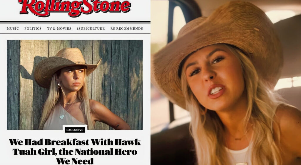 Photo of Rolling Stone article featuring the "Hawk Tuah" Girl and photo of the "Hawk Tuah" Girl wearing cowboy hat