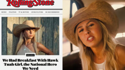 Photo of Rolling Stone article featuring the "Hawk Tuah" Girl and photo of the "Hawk Tuah" Girl wearing cowboy hat