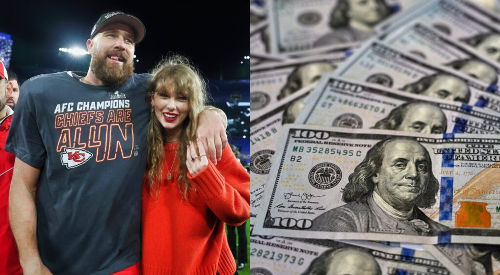 Travis Kelce with his arm around Taylor Swift and a bunch of USD spread out.