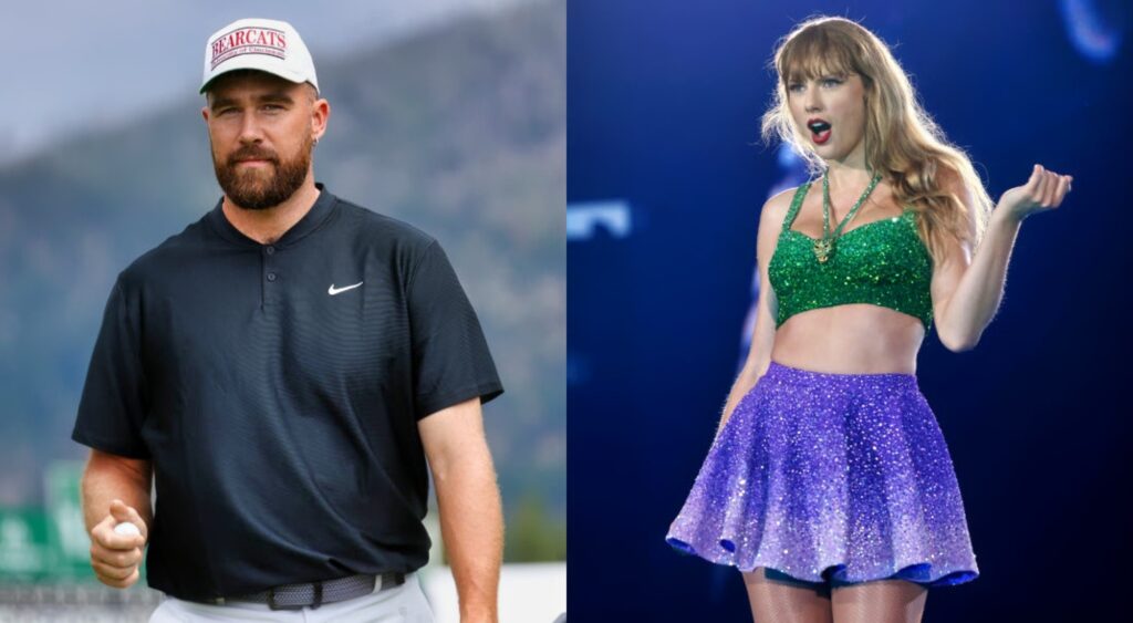 Travis Kelce on golf course and Taylor Swift on stage