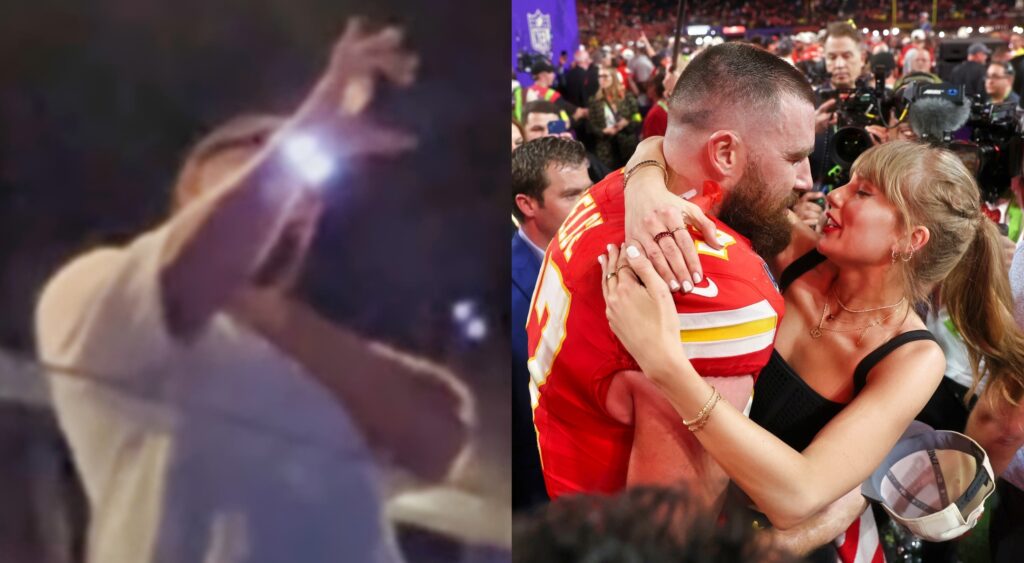 Travis Kelce watching concert (left). Kelce and Taylor Swift embracing (right).