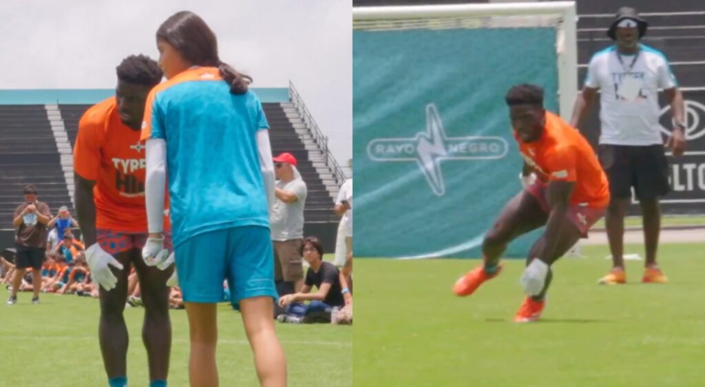 Tyreek Hill lining up against young girl on field