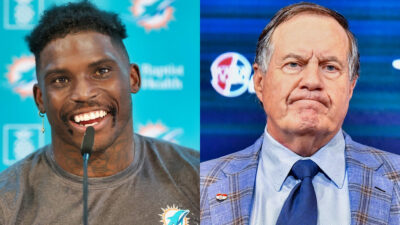 Photos of Tyreek Hill and Bill Belichick at press conferences