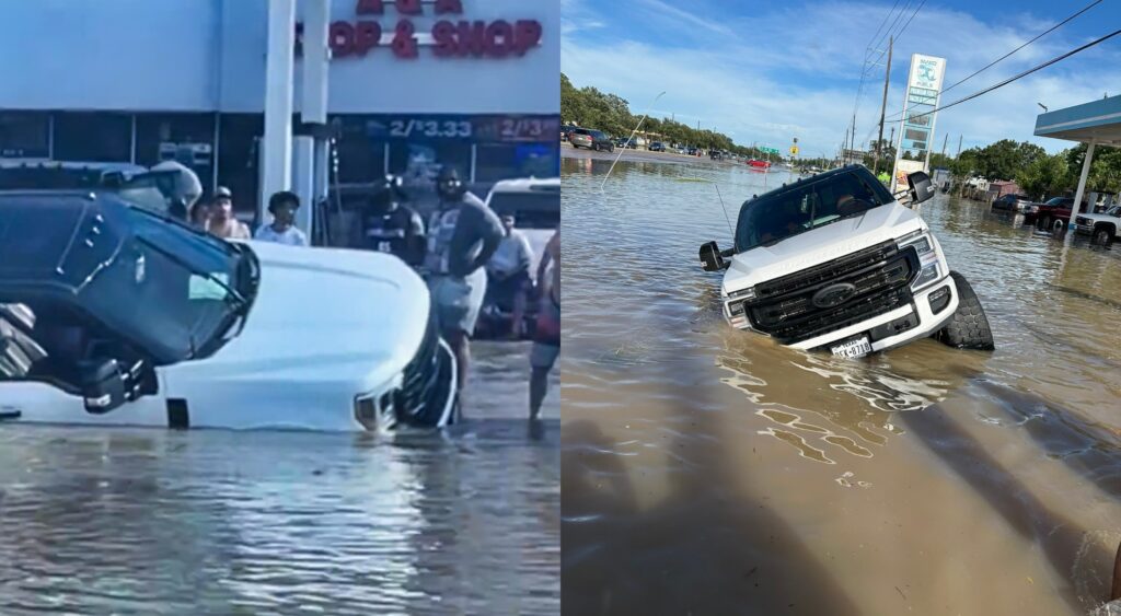 Tytus howard's truck submerged in floodwater in the street.