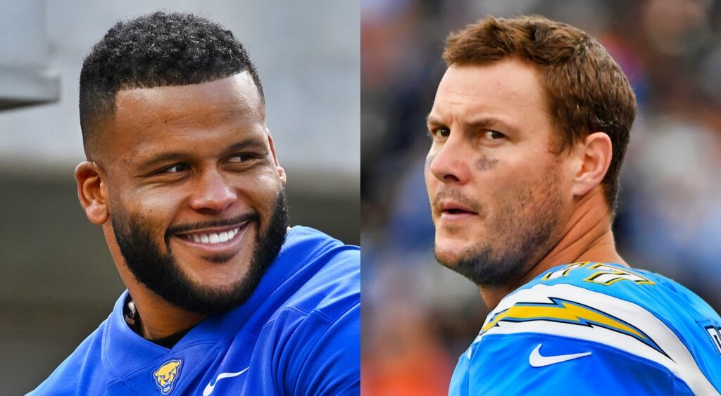 Aaron Donald (left) and Philip Rivers (right) looking on.