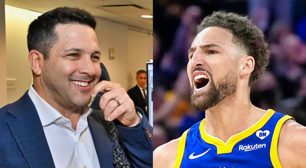 Adam Schefter on phone (left). Klay Thompson reacts during game (right).