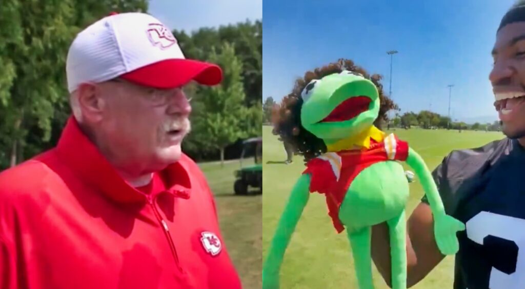 Andy Reid speaking to reporter (left). Trey Taylor holding Kermit the Frog puppet (right).