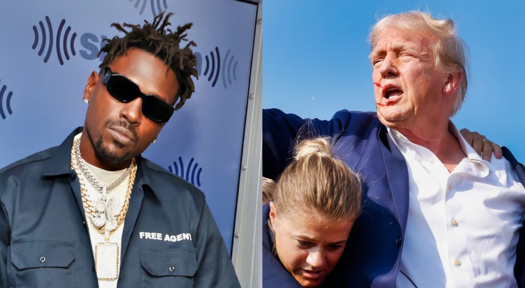 Antonio Brown posing at event (left). Donald Trump reacts after being shot at rally (right).