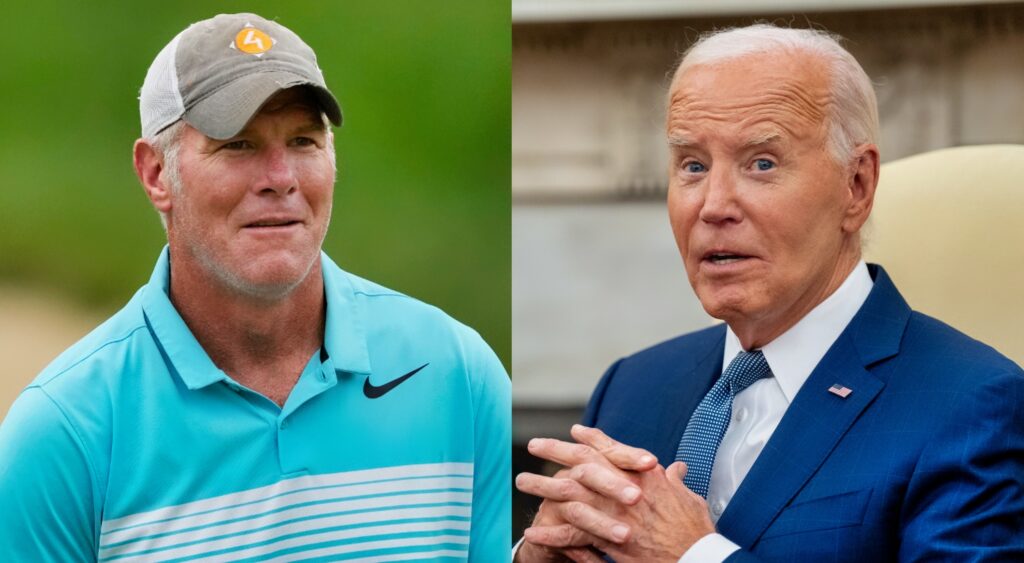 Brett Favre looks on (left). U.S. President Joe Biden speaking (right).