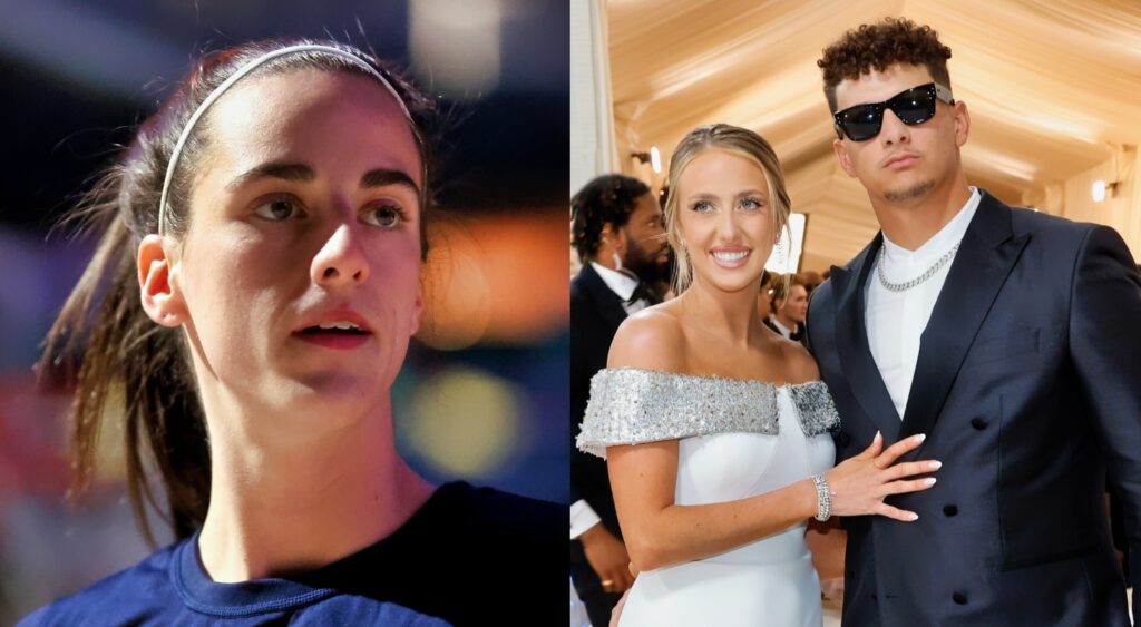 Caitlin Clark looking on (left). Brittany and Patrick Mahomes look on (right).