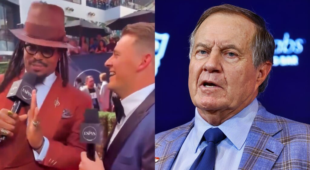 Cam Newton and Mac Jones (left) speaking at ESPYs. Bill Belichick (right) speaking at conference.