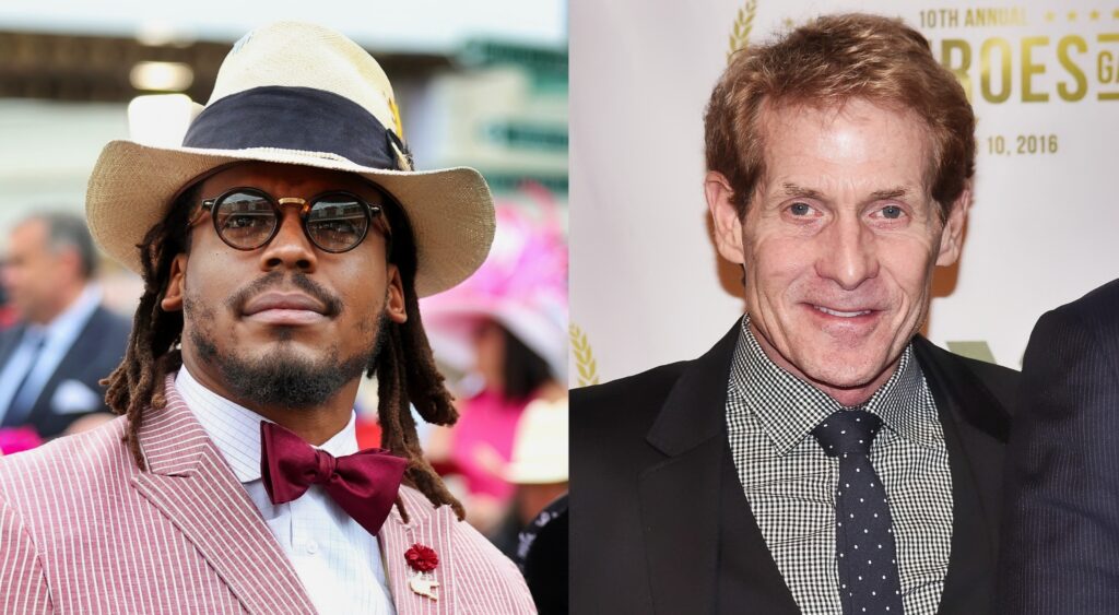 Cam Newton looking on (left). Skip Bayless smiling at event (right).