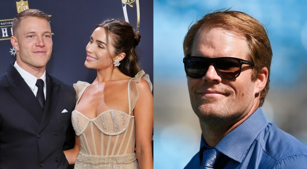 Christian McCaffrey and Olivia Culpo at event (left). Greg Olsen looking on (right).