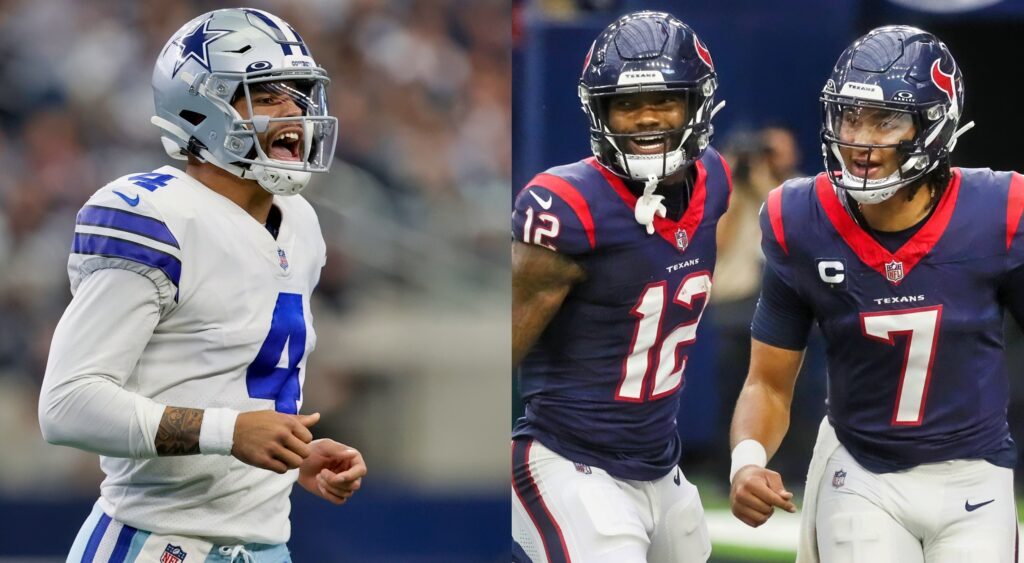 Dak Prescott of Dallas Cowboys reacts during game (left). Nico Collins and CJ Stroud of Houston Texans smile during game (right).