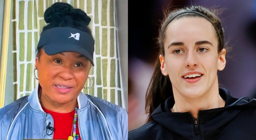 Dawn Staley speaking during interview (left). Caitlin Clark looking on (right).