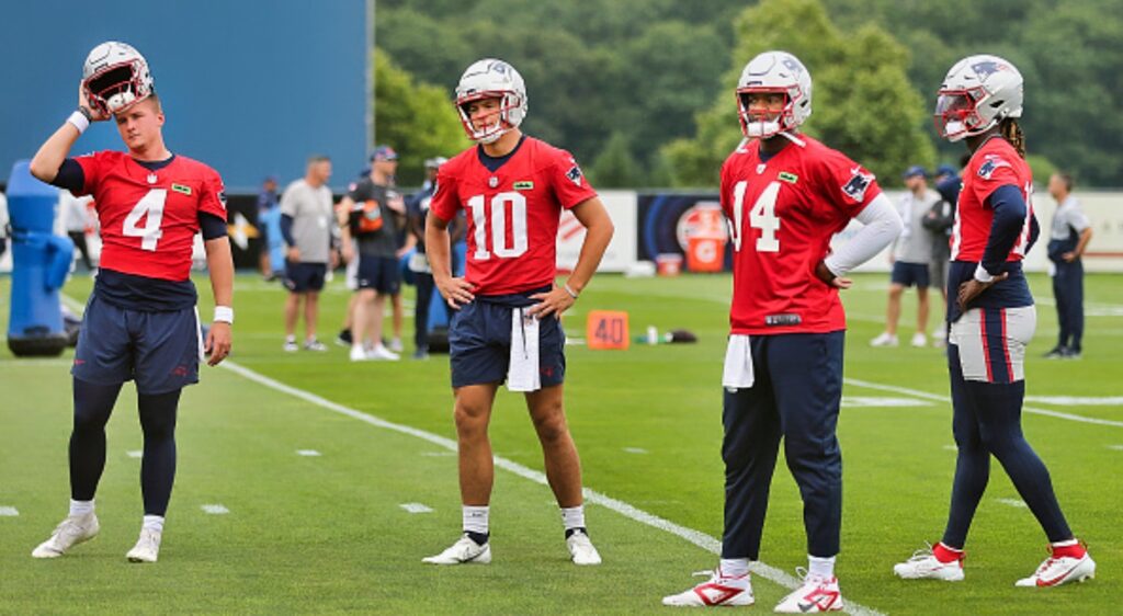 Patriots QBs Bailey Zappe, Drake Maye, Jacoby Brissett & Joe Milton III at practice.