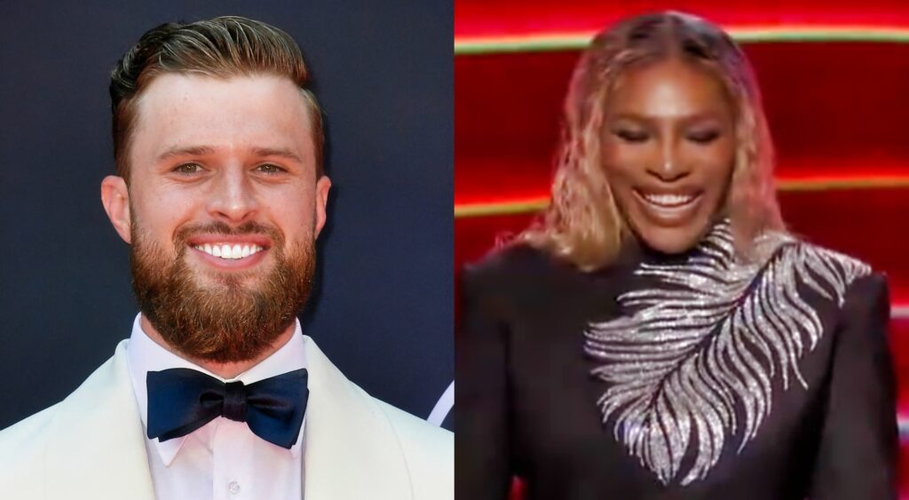 Harrison Butker looking on (left). Serena Williams laughing at ESPYs (right).