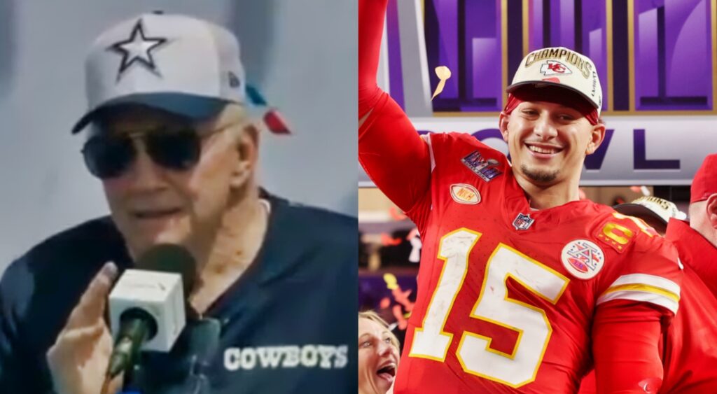 Jerry Jones speaking to reporters (left). Patrick Mahomes celebrating with Super Bowl (right).