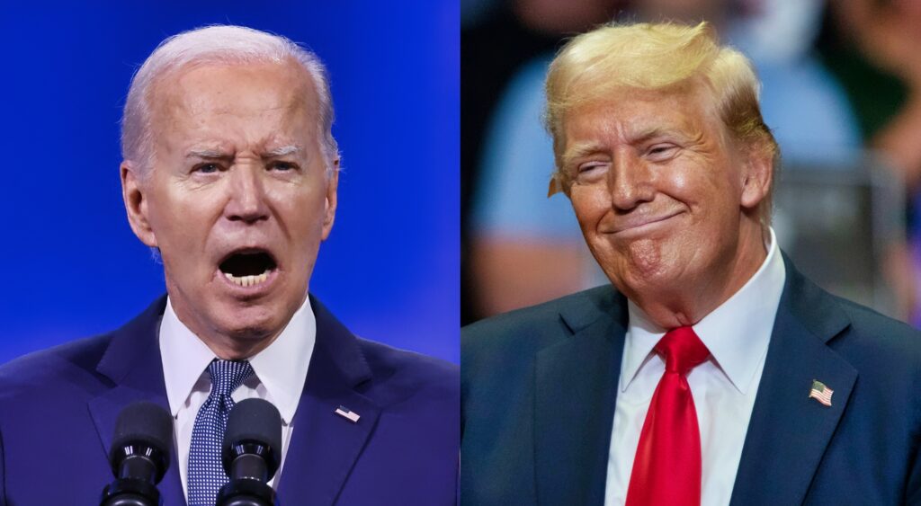 Joe Biden speaking (left). Donald Trump smiling at event (right).