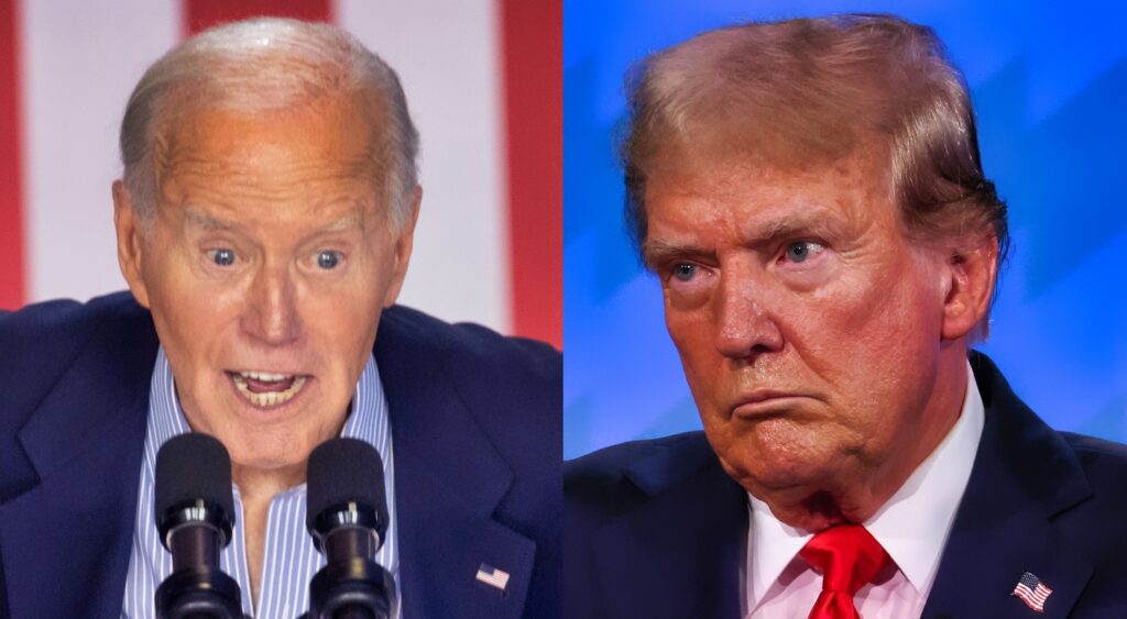 Joe Biden delivering a speech (left). Donald Trump at debate (right).