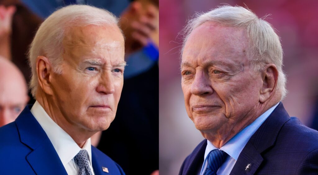 U.S. President Joe Biden looking on (left). Dallas Cowboys owner Jerry Jones looks on (right).