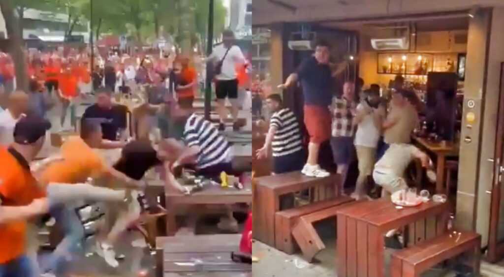 Netherlands and England soccer fans brawling before game.